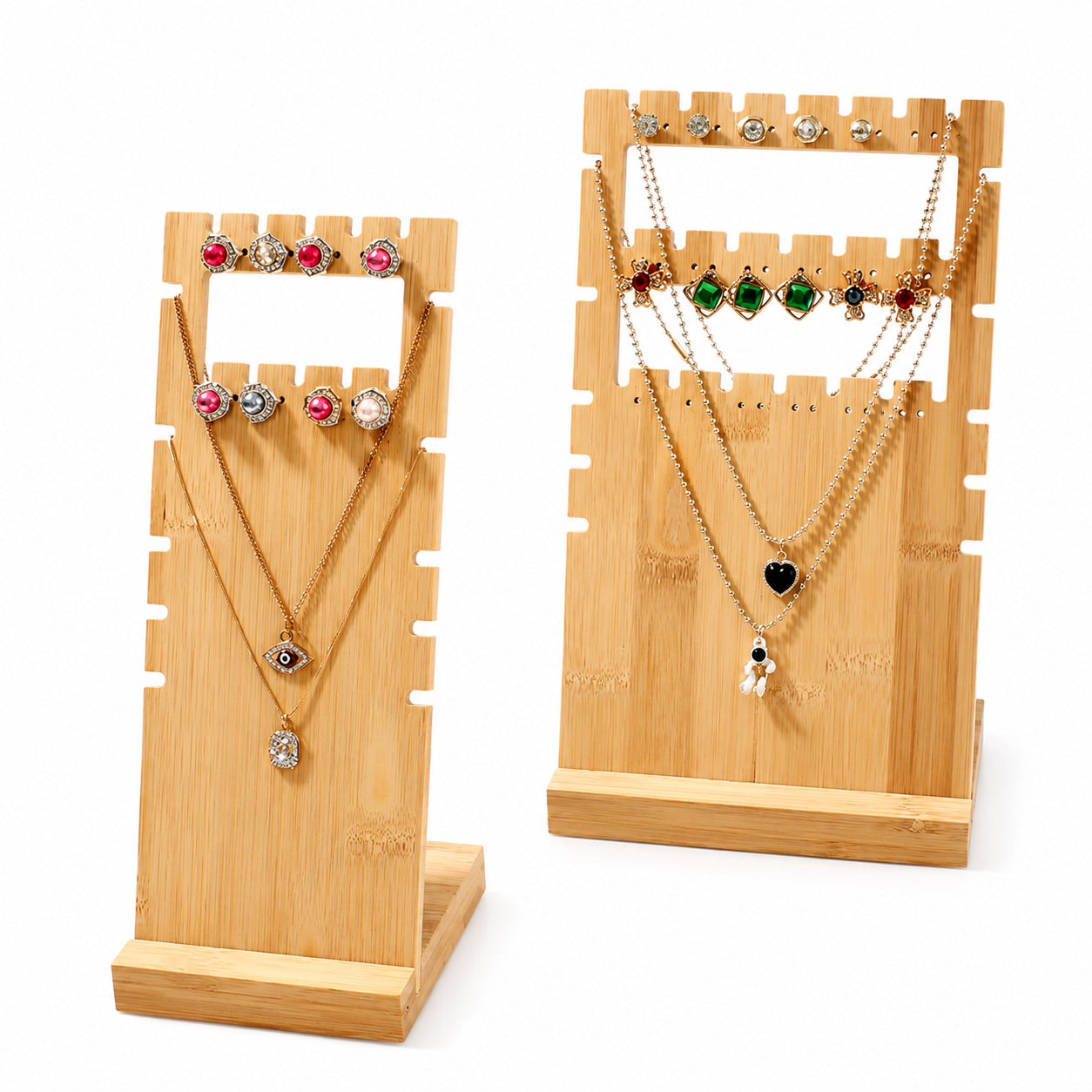 Jeweltech Natural Wood 3 Set of 2 -Tier Jewelry Display Stand, Notch and Hole Design for Necklaces and Earrings, Tall Organizer for Shop and Home Use