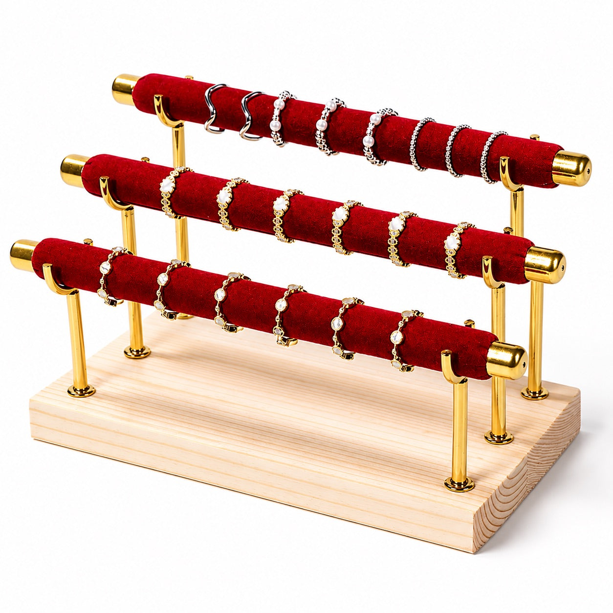 Jeweltech Gold Metal 3-Tier Ring Stand, Teal Fabric Padded Bars on Wood Base, Jewelry Display Stand for Shop and Home Use