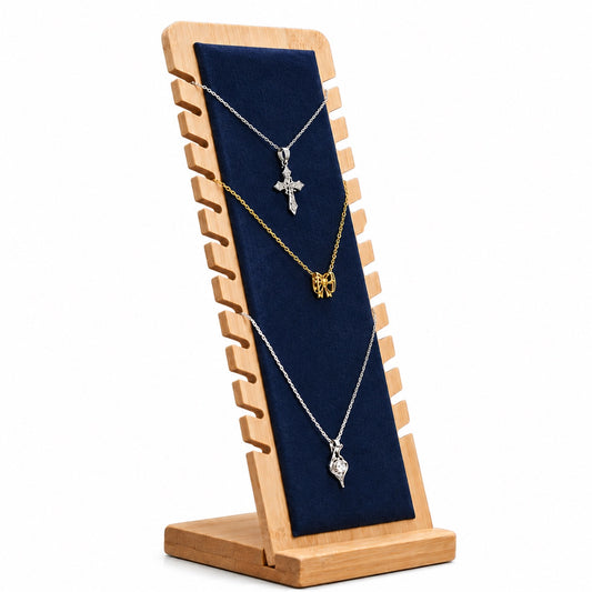 Jeweltech Bamboo Wood Necklace Display Board, Ladder Style Stand with Fabric Panel for Necklaces and Chains, Jewelry Showcase for Shop and Home Use(Blue)