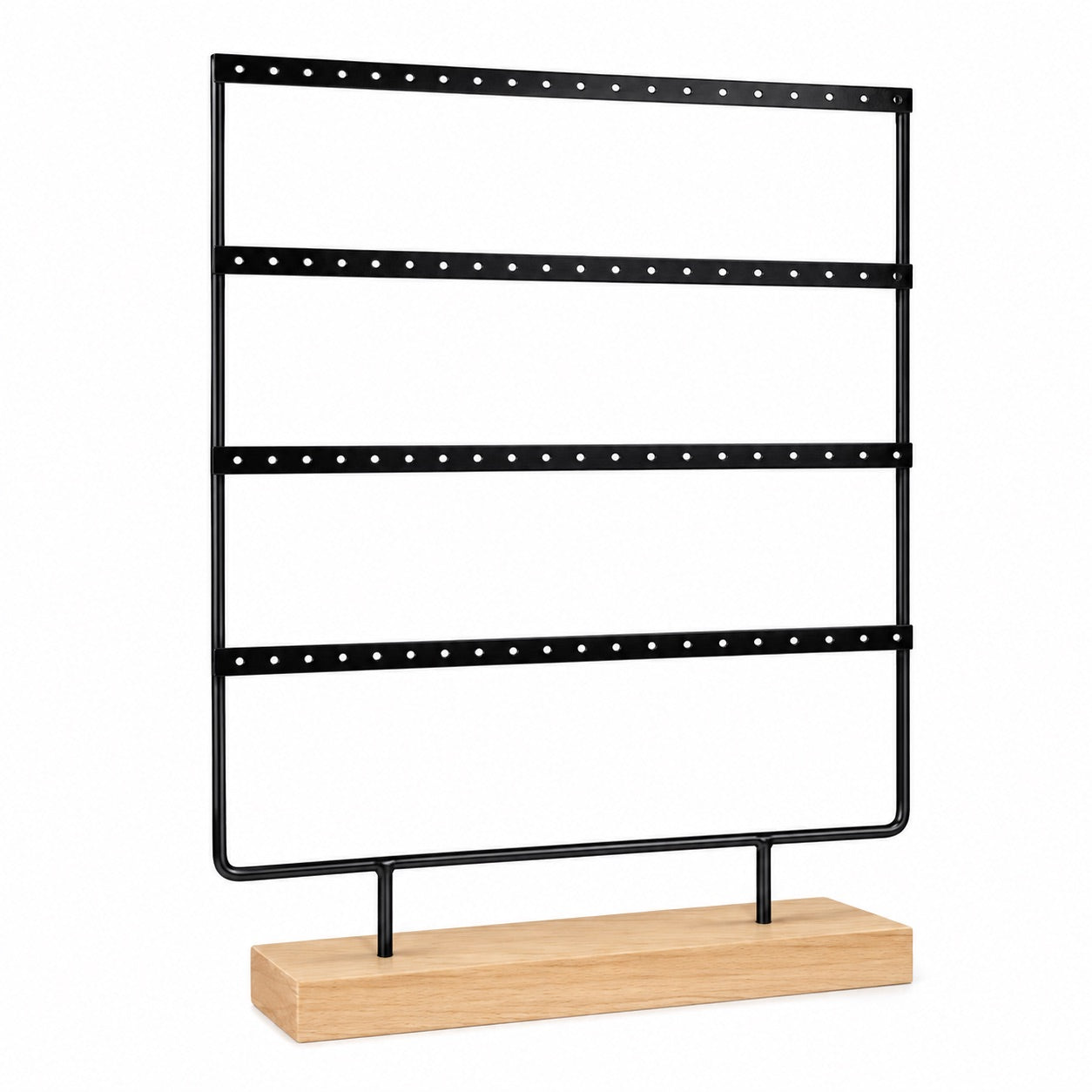 Jeweltech Black Metal Earring Display Stand, 4 Row Hole Design with Wood Base, Open Frame Jewelry Organizer for Earrings and Studs
