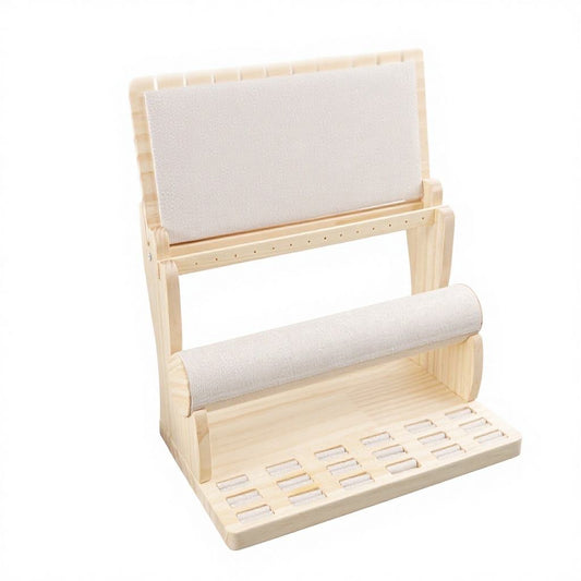 Jeweltech Wooden  Jewelry Organizer Stand, Necklace Hooks, Earring Holes, Bracelet Bar and Ring Tray, Complete Jewelry Display for Home and Shop