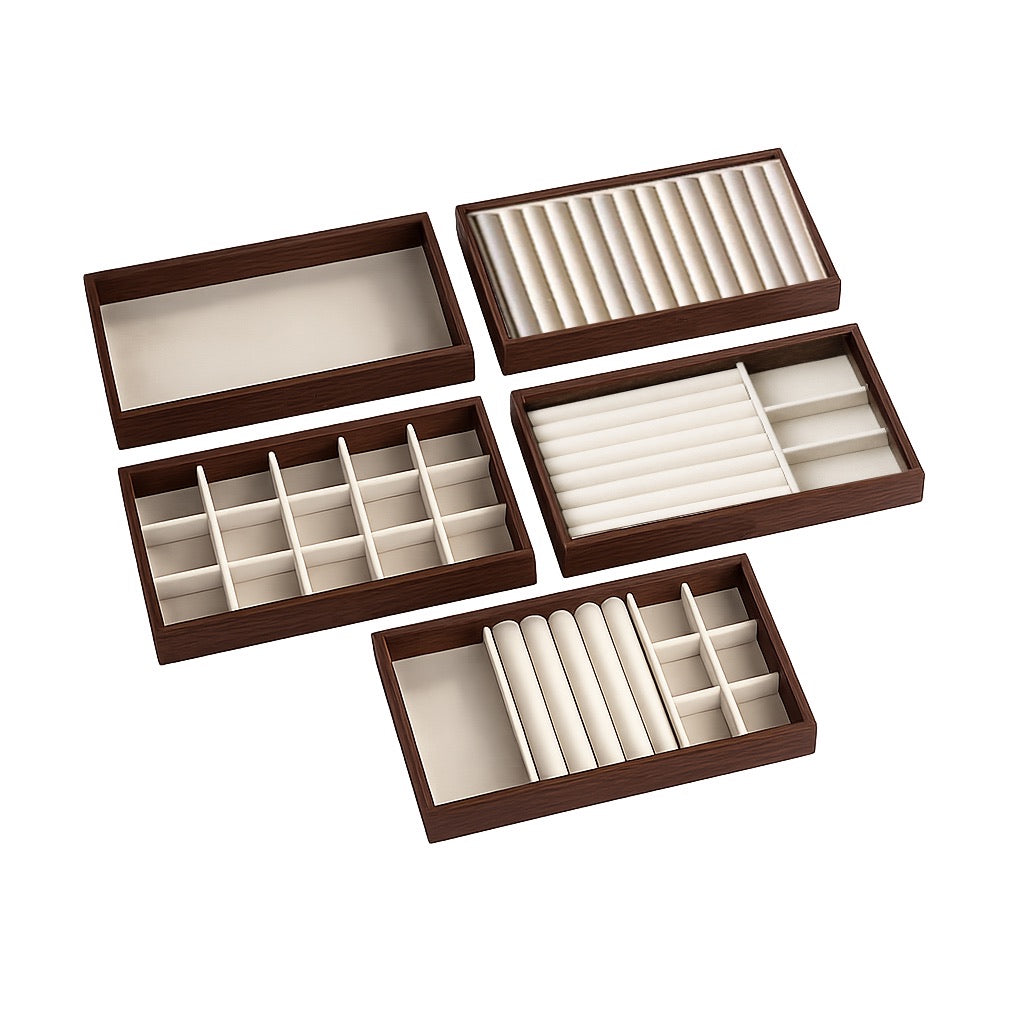 Jeweltech 5-Piece Walnut Wood Jewelry Tray Set, Mix and Match Storage Trays for Rings, Necklace, Bracelet and Earrings, Modular Display Trays for Home and Shop