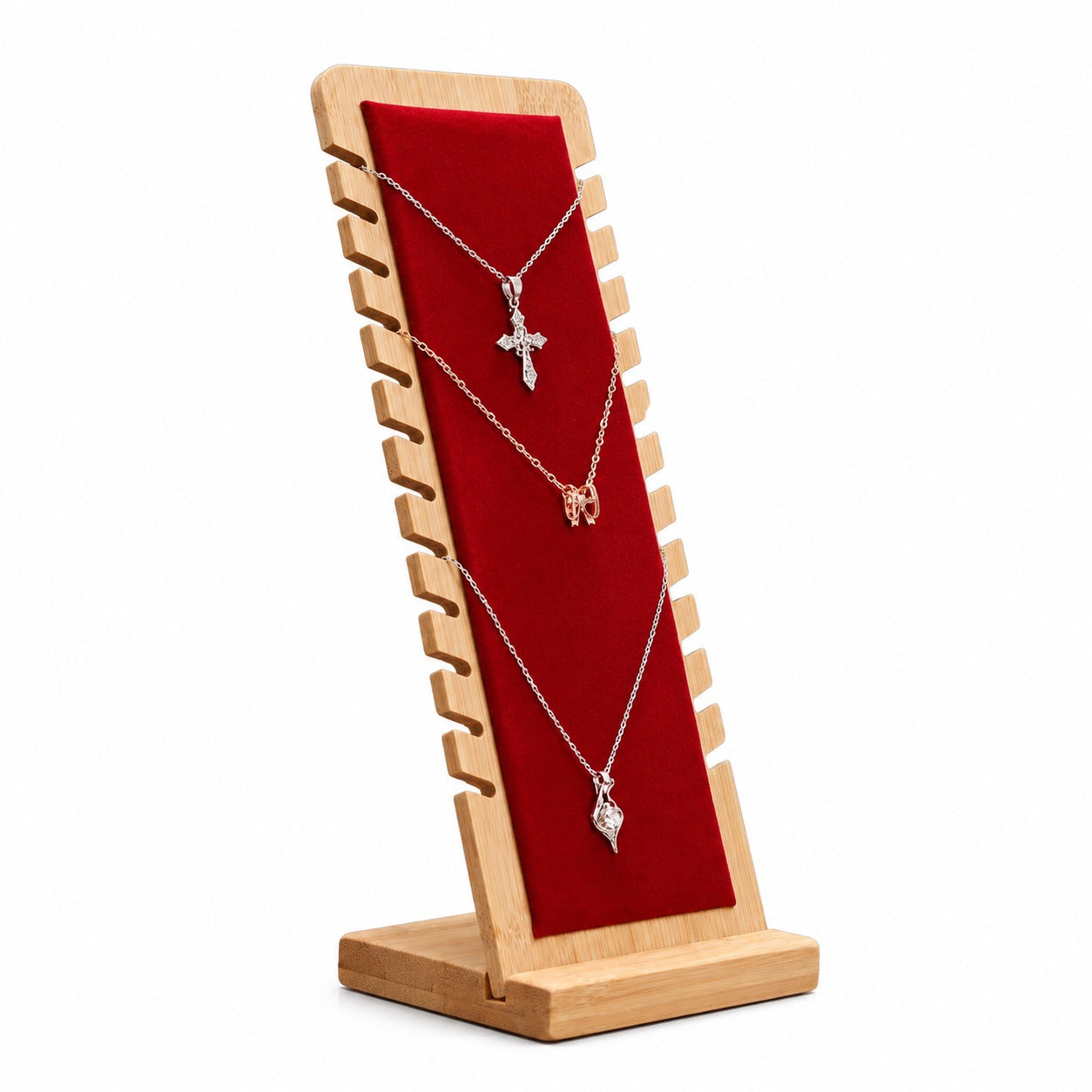 Jeweltech Bamboo Wood Necklace Display Board, Ladder Style Stand with Fabric Panel for Necklaces and Chains, Jewelry Showcase for Shop and Home Use (Red)