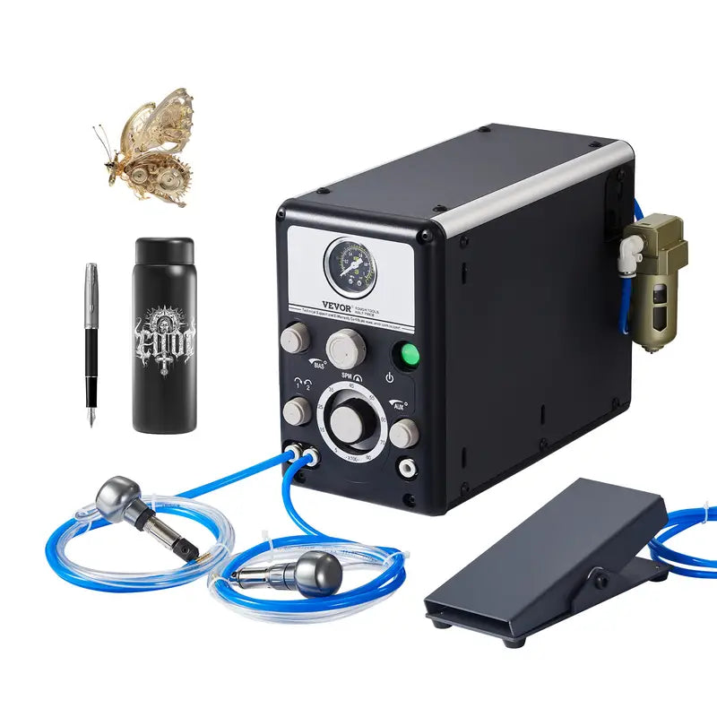 Pneumatic engraving machine with air hose and foot pedal