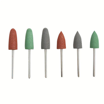 Front view of 6 colorful grinding heads with tapered and pointed shapes