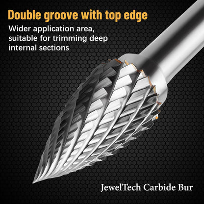 Double cut carbide burs for high-speed cutting, polishing, and shaping of hard materials

