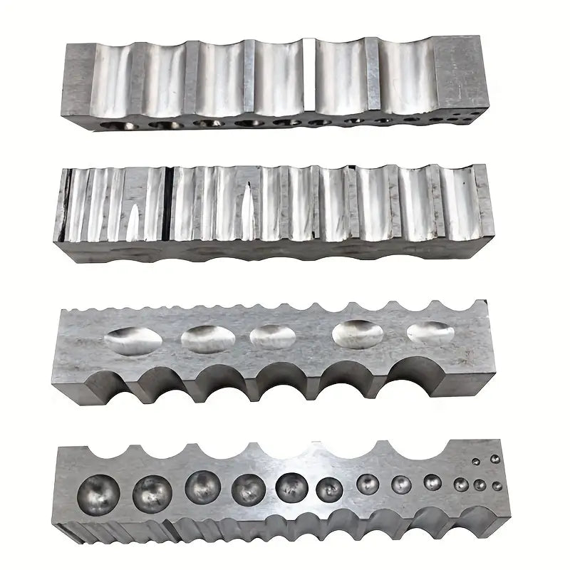 Set of steel doming blocks with various groove profiles and cavity shapes for jewelry metal forming