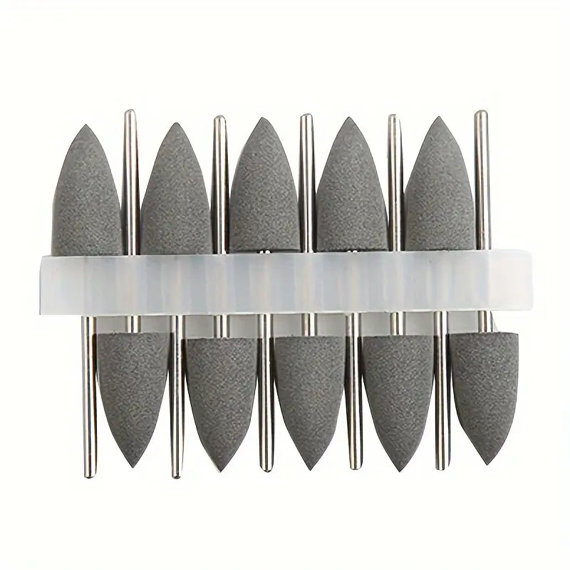 Front view of 6 colorful grinding heads with tapered and pointed shapes