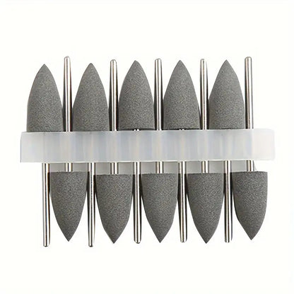 Front view of 6 colorful grinding heads with tapered and pointed shapes