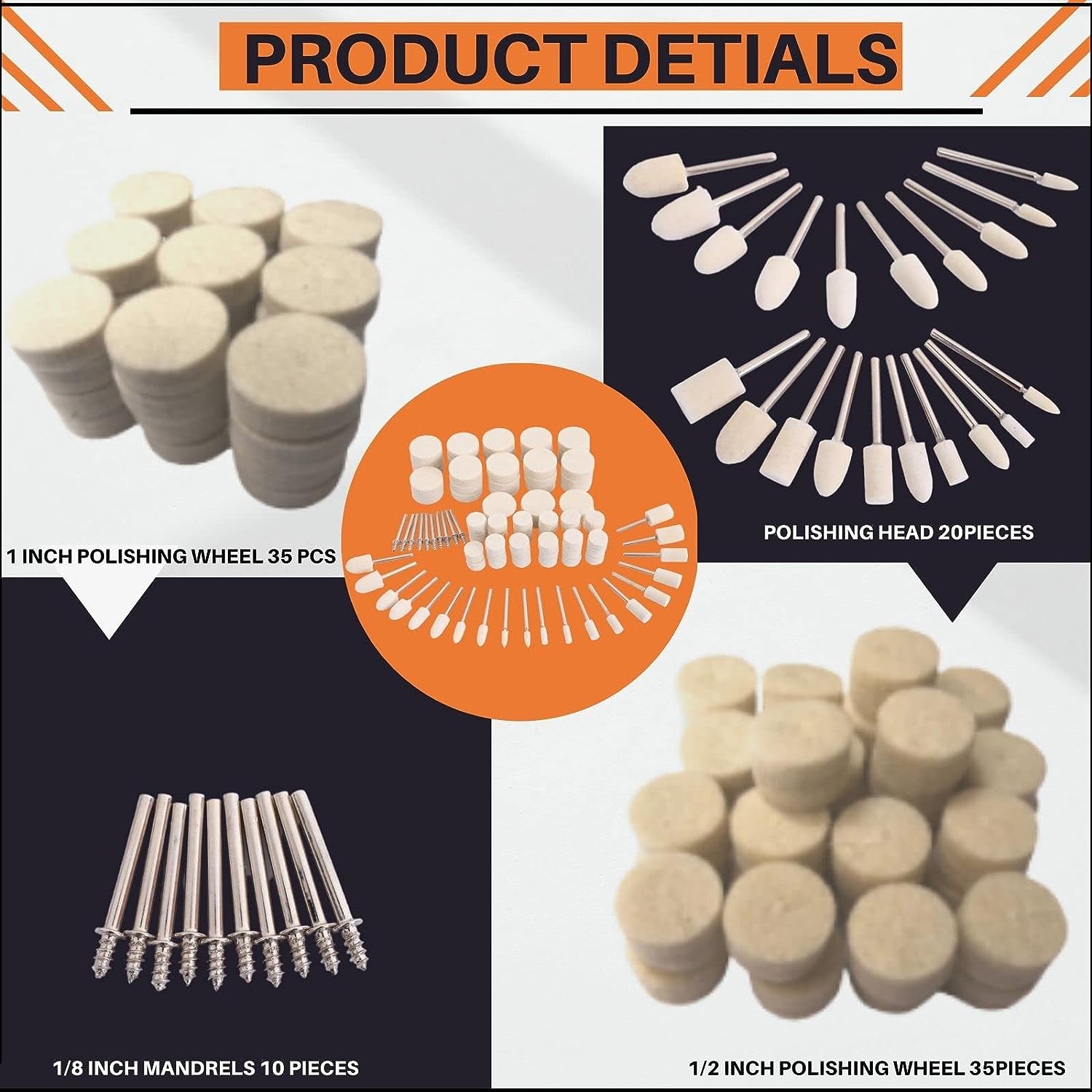 Assorted felt polishing heads with 1/8" mandrels and 2.35mm compatibility

