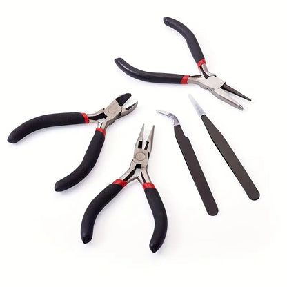  5-piece jewelry tool set including pliers, cutters, and tweezers with red and black handles.