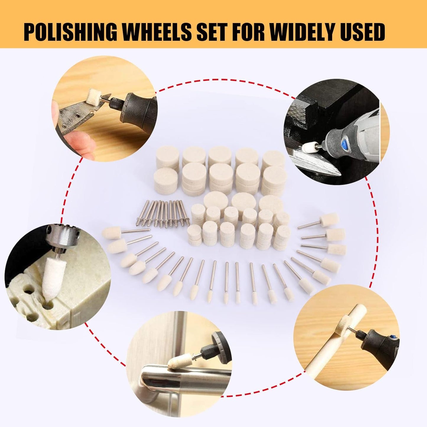 Rotary tool polishing accessory set with high-density felt and smooth finish

