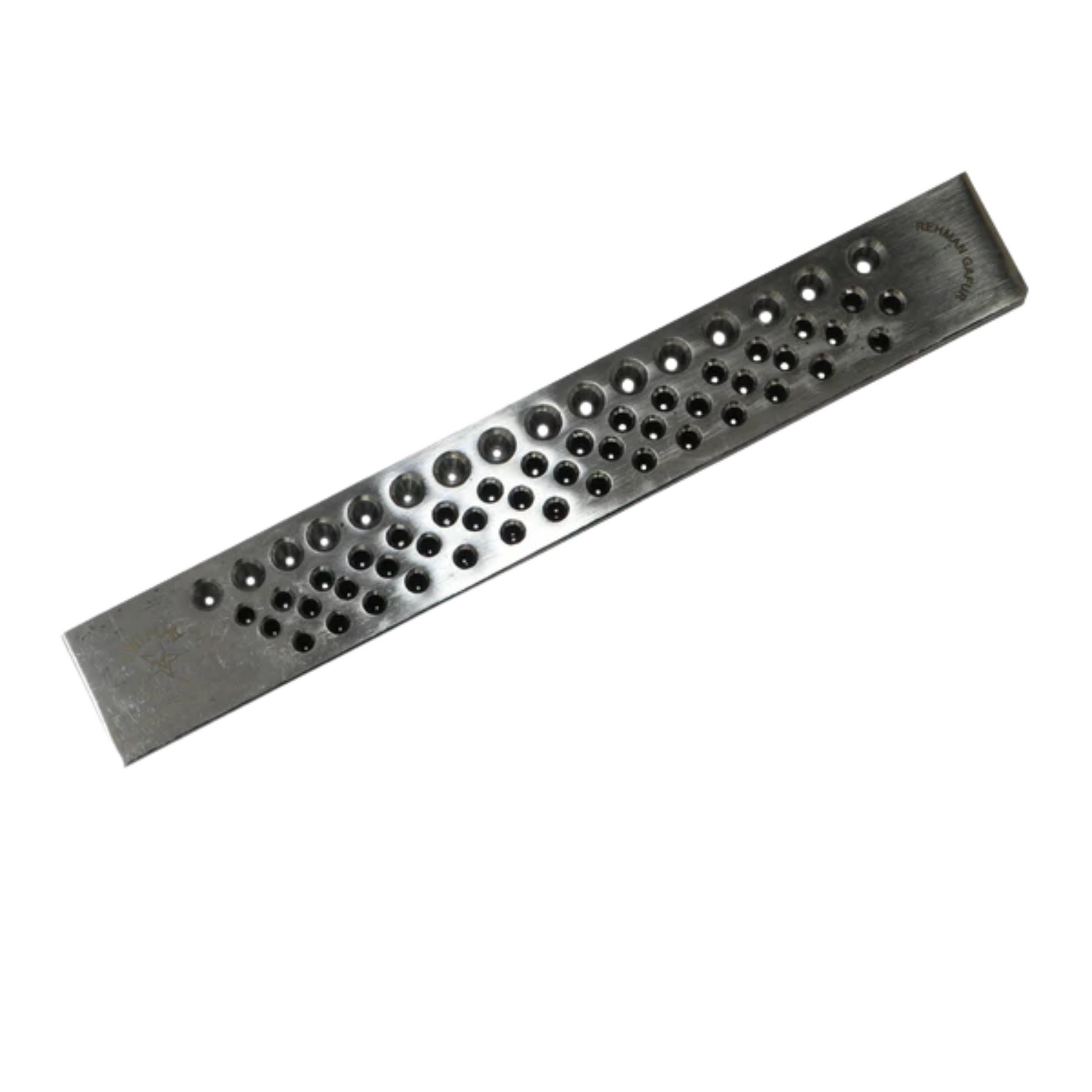 Surya 8-inch wire drawplate for gold and silver jewelry, showing front with multiple hole sizes for thick wire drawing