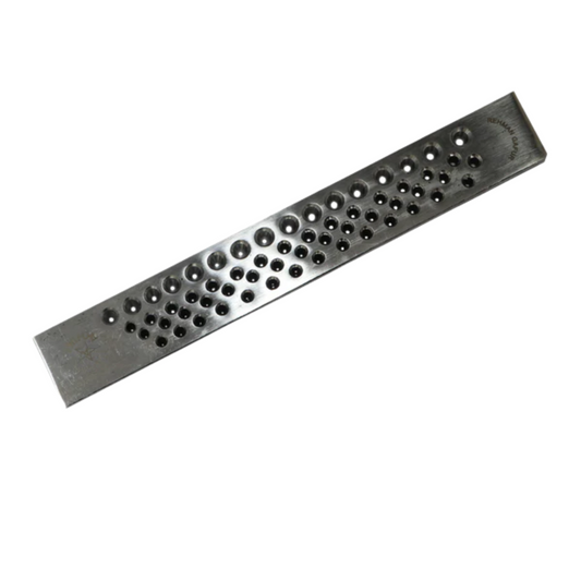 Surya 8-inch wire drawplate for gold and silver jewelry, showing front with multiple hole sizes for thick wire drawing