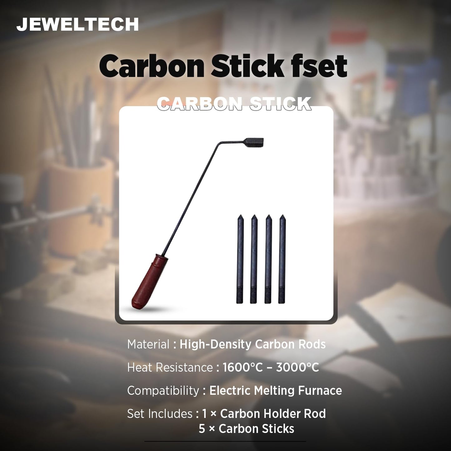 Jeweltech Carbon Stick fset or Gold Melting — High-Temperature Graphite/Carbon Rod for Gold & Precious Metal Melting, Compatible with Electric & Induction Furnaces — Durable Electrode for Metal Refining