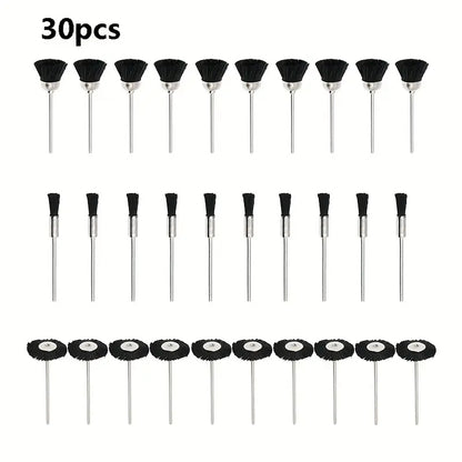 30-piece mini rotary brush set with 10 bowl-shaped, 10 pen-shaped, and 10 T-shaped black wire brushes for jewelry polishing and rotary tool use

