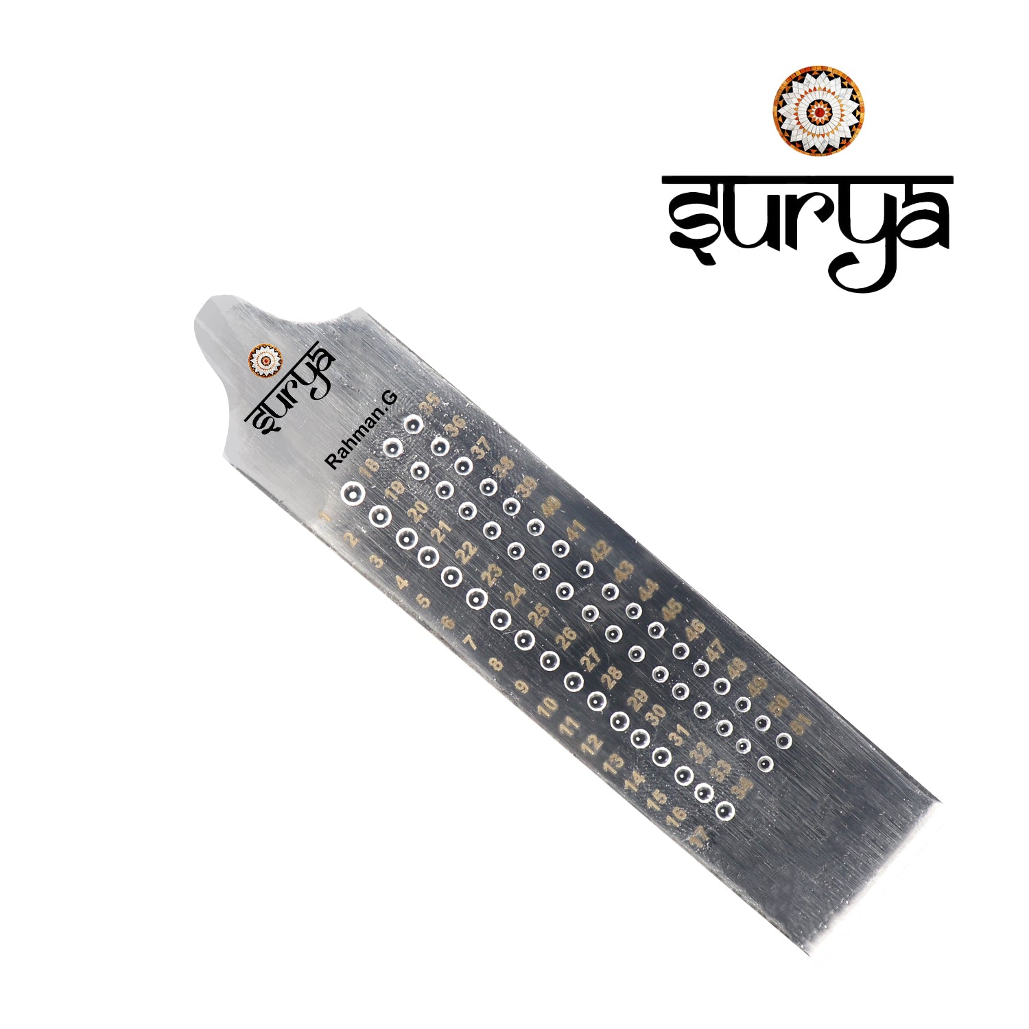 Surya numbered wire drawplate with 18–32 gauge holes for gold and silver wires
