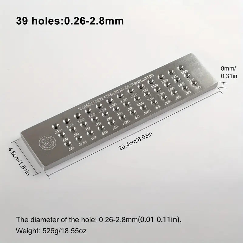 39-hole tungsten carbide drawplate with sizes 0.26–2.8 mm, 20.4 cm length, ideal for wire shaping
