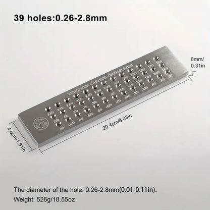 39-hole tungsten carbide drawplate with sizes 0.26–2.8 mm, 20.4 cm length, ideal for wire shaping
