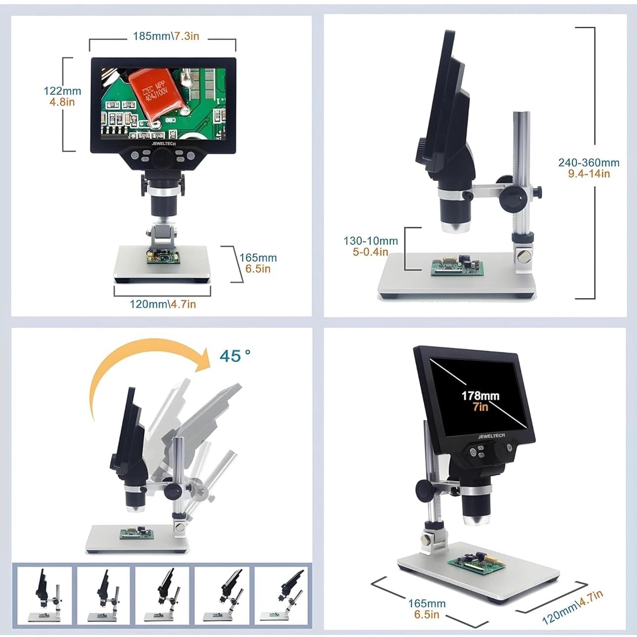 Jeweltech Digital Microscope 1-1200X Magnification with 7 Inch LCD Screen & 12MP Camera | 1080P HD Electronic Microscope for PCB Inspection, Soldering, Coins, Jewellery & Biological Observation
